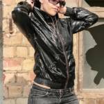 Shiny nylon jacket and black spandex string leotard