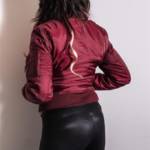 Satin Bomberjacket and black spandex leggings