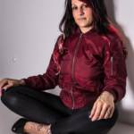 Satin Bomberjacket and black spandex leggings