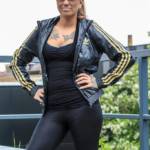 Adidas jacket and shiny leather leggings