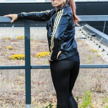 Leather leggings and shiny nylon windbreaker 