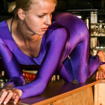 Purple spandex catsuit – Melissa at video shooting