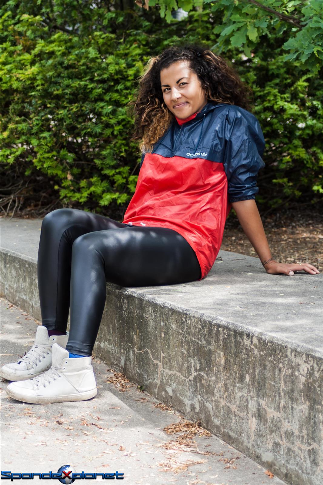 Adidas nylon jacket and black leather leggings - preview pictures.