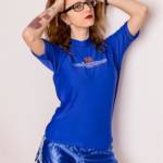 Blue satin shorts and spandex surf shirt