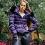 Megan in a purbple shiny Moncler down jacket