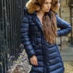 blue shiny Moncler down coat