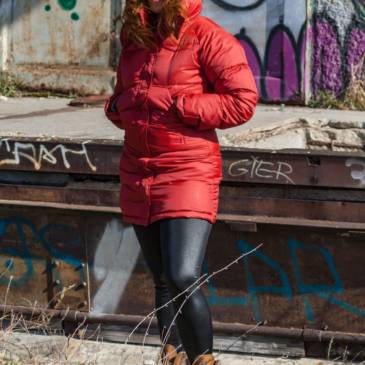 Red puffer downcoat outdoor